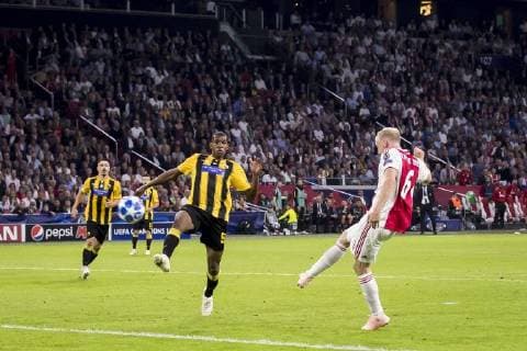 AMSTERDAM, AFC Ajax - AEK Athens FC, football, Champions League, season 2018-2019, 19-09-2018, Stadium Johan Cruijff Arena, Ajax player Donny van de Beek (R) scores 2-0 Ajax - AEK Athens  x2476807x