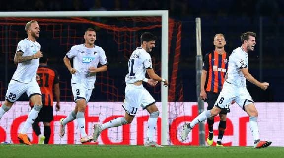 19.09.2018 Kharkiv(Ukraine) FC Shakhtar Donetsk-TSG 1899 Hoffenheim UEFA men s football champions league Kevin Vogt(L),Pavel Kaderabek(2L),Florian Grillitsch(3L) and Havard Nordtveit (r)TSG 1899 Hoffenheim celebrate goal beside Serhiy Bolbat(2nd from right) FC Shakhtar :Str 