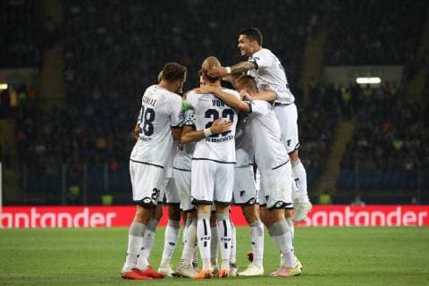Players of TSG 1899 Hoffenheim celebrate upon midfielder Havard Nordtveit?s scoring during the UEFA Champions League Group F match against FC Shakhtar Donetsk at the Metalist Stadium, Kharkiv, northeastern Ukraine, September 19, 2018. Ukrinform. KDR Shakhtar vs. Hoffenheim in Kharkiv  Copyright: xDanilxShamkinx
