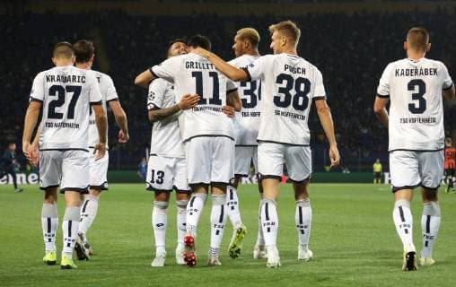 Players of TSG 1899 Hoffenheim celebrate upon midfielder Florian Grillitsch?s scoring an early opener (6 ) during the UEFA Champions League Group F match against FC Shakhtar Donetsk at the Metalist Stadium, Kharkiv, northeastern Ukraine, September 19, 2018. Ukrinform. KDR Shakhtar vs. Hoffenheim in Kharkiv  Copyright: xDanilxShamkinx