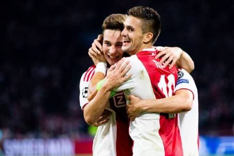 Carel Eiting of Ajax, Dusan Tadic of Ajax, Nico Tagliafico of Ajax during the UEFA Champions League group E match between Ajax Amsterdam and AEK FC at the Johan Cruijff Arena on September 19, 2018 in Amsterdam, The Netherlands UEFA Champions League 2018 2019 xVIxVIxImagesx xTomxBodexMultimediaxIVx 12173211