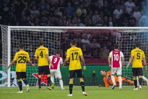 AMSTERDAM, Johan Cruijff Arena, 19-09-2018 , season 2018 2019 , UEFA Champions League. final result 3-0, Ajax player Nico Tagliafico (not on photo) scores 1-0 during the match Ajax - AEK Athens Ajax - AEK Athens  x2477023x