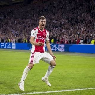 AMSTERDAM, AFC Ajax - AEK Athens FC, football, Champions League, season 2018-2019, 19-09-2018, Stadium Johan Cruijff Arena, Ajax player Nico Tagliafico has scored 3-0 Ajax - AEK Athens  x2477029x