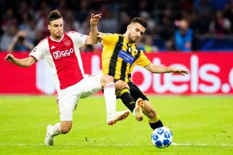 Nico Tagliafico of Ajax, Yannis Gianniotas of AEK Athens FC during the UEFA Champions League group E match between Ajax Amsterdam and AEK FC at the Johan Cruijff Arena on September 19, 2018 in Amsterdam, The Netherlands UEFA Champions League 2018 2019 xVIxVIxImagesx xTomxBodexMultimediaxIVx 12173404