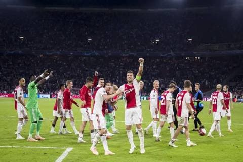 AMSTERDAM, AFC Ajax - AEK Athens FC, football, Champions League, season 2018-2019, 19-09-2018, Stadium Johan Cruijff Arena, players of Ajax are celebrating the victory, Ajax player Dusan Tadic (M) Ajax - AEK Athens  x2477042x