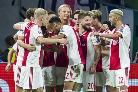 AMSTERDAM, Johan Cruijff Arena, 19-09-2018 , season 2018 2019 , UEFA Champions League. final result 3-0, players Ajax celebrating the goal scored 3-0 during the match Ajax - AEK Athens Ajax - AEK Athens  x2477043x