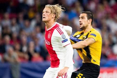 Kasper Dolberg of Ajax, Vasilis Lampropoulos of AEK Athens FC during the UEFA Champions League group E match between Ajax Amsterdam and AEK FC at the Johan Cruijff Arena on September 19, 2018 in Amsterdam, The Netherlands UEFA Champions League 2018 2019 xVIxVIxImagesx xTomxBodexMultimediaxIVx 12173661