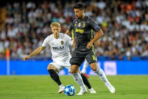 19th September 2018, Mestalla, Valencia, Spain; UEFA Champions League football, Valencia versus Juventus; Sami Khedira of Juventus Turin with the ball under pressure from Wass of Valencia  ActionPlus12063818 PedroxSalado
