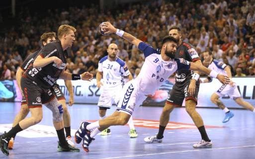 Photo goalie Tin Kontrec against Simon Jeppson Flensburg Handball men 1 Bundesliga on Wed 19 09 2018 Flensburg HC Zagreb