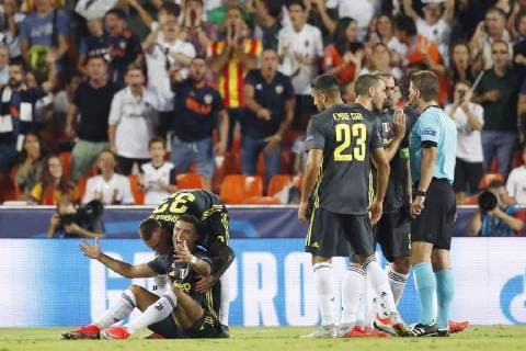 VALENCIA, 19-09-2018, Stadium Mestalla, season 2018 2019, Champions League football. Juventus player Cristiano Ronaldo gets a red card from Felix Brych (GER) and is sent off the pitch during the match Valencia CF - Juventus Valencia - Juventus  x2477192x