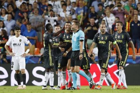 VALENCIA, 19-09-2018, Stadium Mestalla, season 2018 2019, Champions League football. Juventus player Cristiano Ronaldo gets a red card from Felix Brych (GER) and is sent off the pitch during the match Valencia CF - Juventus Valencia - Juventus  x2477249x