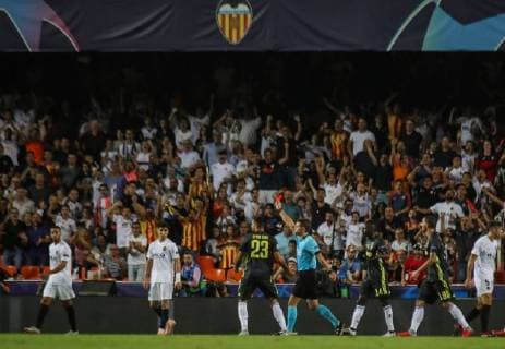 Expulsion of Ronaldo during the football match between Valencia CF and Juventus FC on September 19, 2018 at Mestalla Stadium in Valencia Spain  xCarlaxCortesx xValenciaxCFxvsxJuventusxFCx