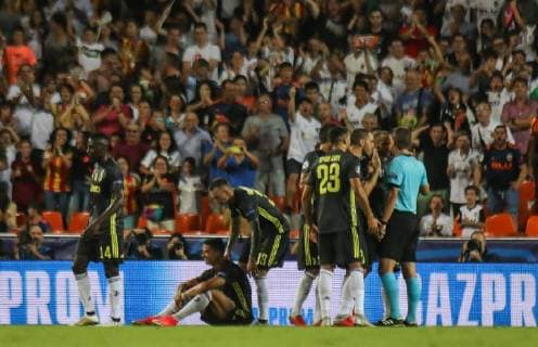 Expulsion of Ronaldo during the football match between Valencia CF and Juventus FC on September 19, 2018 at Mestalla Stadium in Valencia Spain  xCarlaxCortesx xValenciaxCFxvsxJuventusxFCx