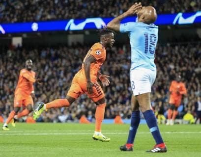 Sport Bilder des Tages 19th September 2018, Etihad Stadium, Manchester, England; UEFA Champions League football, Manchester City versus Lyon; Maxwel Cornet of Lyon celebrates scoring the opening goal in the 26th minute 0-1 to Lyon  ActionPlus12063833 ConorxMolloy
