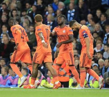 19th September 2018, Etihad Stadium, Manchester, England; UEFA Champions League football, Manchester City versus Lyon; Maxwel Cornet of Lyon celebrates scoring the opening goal in the 26th minute 0-1 to Lyon  ActionPlus12063834 ConorxMolloy