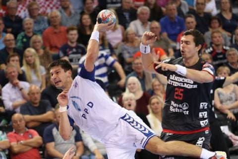 SG Flensburg Handewitt vs HC PPD Zagreb Handball EHF Champions League group stage 19 09 18 Ivan Srsen HC PPD Zagreb 13 against Rasmus Lauge Schmidt SG Flensburg Handewitt 25 xmmkx