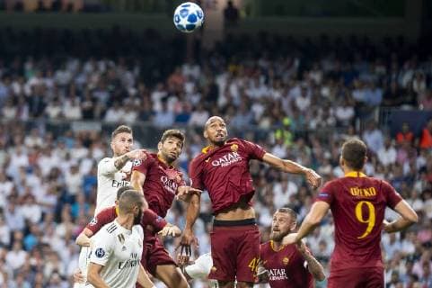 Real Madrid Sergio Ramos and A.S. Roma Steven Nzonzi during UEFA Champions League match between Real Madrid and A.S.Roma at Santiago Bernabeu Stadium in Madrid, Spain. September 19, 2018.  (2994008)