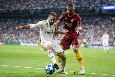 Real Madrid Dani Carvajal and A.S. Roma Aleksander Kolarov during UEFA Champions League match between Real Madrid and A.S.Roma at Santiago Bernabeu Stadium in Madrid, Spain. September 19, 2018.  (3204024)