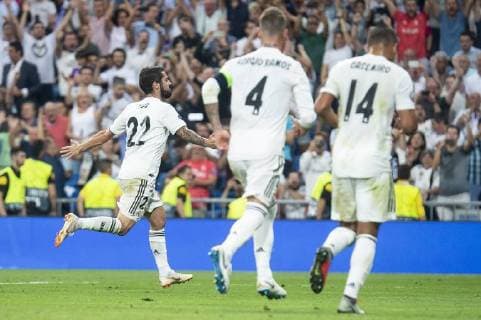 Real Madrid Francisco Alarcon Isco , Sergio Ramos and Carlos Henrique Casemiro celebrating a goal during UEFA Champions League match between Real Madrid and A.S.Roma at Santiago Bernabeu Stadium in Madrid, Spain. September 19, 2018.  (3274030)