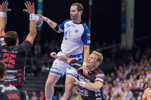 Rasmus Lauge SG Flensburg Handewitt and Anders Zachariassen SG Flensburg Handewitt vs Damir Bicanic HC PPD Zagreb at 19 09 2018 in Flensburg Schleswig Holstein in the Flens Arena SG Flensburg Handewitt against HC PPD Zagreb Flensburg Schleswig Holstein Germany Copyright: xMartinxZiemerx xnordpoolx