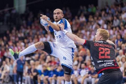 Arber Qerimi HC PPD Zagreb against Anders Zachariassen SG Flensburg Handewitt on 19 09 2018 in Flensburg Schleswig Holstein in the Flens Arena SG Flensburg Handewitt against HC PPD Zagreb Flensburg Schleswig Holstein Germany Copyright: xMartinxZiemerx xnordpoolx