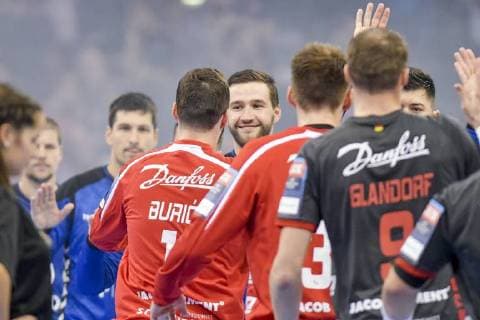 Benjamin Buric SG Flensburg Handewitt and Senjamin Buric HC PPD Zagreb welcome each other on 19.09.208 in Flensburg Schleswig Holstein at the Flens Arena SG Flensburg Handewitt against HC PPD Zagreb Flensburg Schleswig Holstein Germany Copyright: xMartinxZiemerx xnordpoolx