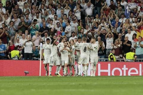 Real Madrid s players celebrate goal during Champions League match. September 19, 2018.  (201809190031)