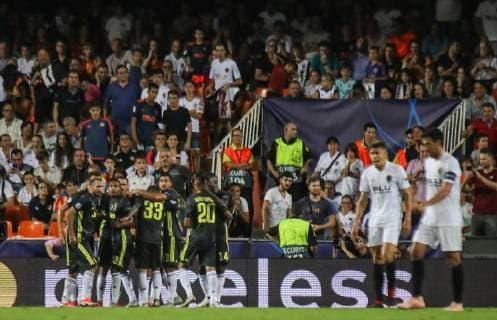 Pjanic goal during the football match between Valencia CF and Juventus FC on September 19 2018 at Mestalla stadium in Valencia Spain  xCarlaxCortesx xValenciaxCFxvsxJuventusxFCx