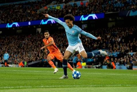 Manchester City v Olympique Lyonnais UEFA Champions League Leroy Sane of Manchester City crosses the ball during the UEFA Champions League match at the Etihad Stadium, Manchester Content Not Available For UK Newspapers Copyright: xRussellxHartx FIL-12297-0018