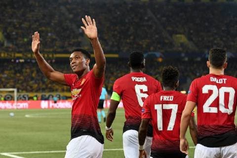 Soccer UEFA Champions League BSC Young Boys Manchester United FC Berne Switzerland 19 09 2018 Soccer UEFA Champions League Season 2018 2019 BSC Young Boys Manchester United FC Manchesters Anthony Martial left to his credit for 0 3