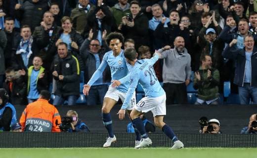 Bernardo BERNADO SILVA celebrates his goal with Leroy SANE of Manchester City during the UEFA Champions League match between Manchester City and Olympique Lyonnais at the Etihad Stadium, Manchester, England on 19 September 2018. Copyright: xDavidxHornx PMI-2241-0032