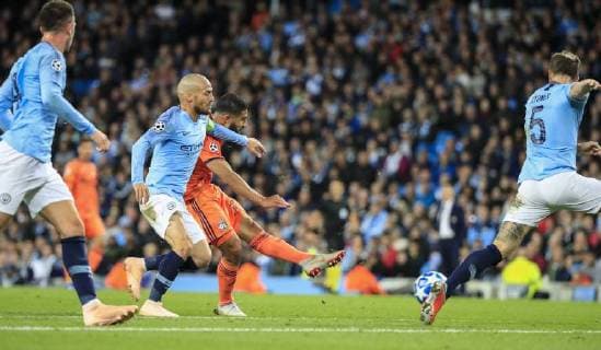 19th September 2018, Etihad Stadium, Manchester, England; UEFA Champions League football, Manchester City versus Lyon; Nabil Fekir of Lyon shoots and scores the second goal in the 44th minute, 0-2 to Lyon  ActionPlus12063891 ConorxMolloy