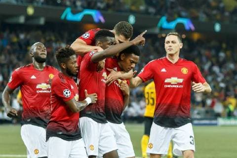 Berne Switzerland 19 09 2018 UEFA Champions League 2018 19 Season Preliminary Round Group Stage Group H 1 Gameday BSC Young Boys Manchester United cheering Torjubel for Paul Pogba MAN after the strike to 0 2 DeFodi048