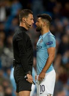Manchester City v Olympique Lyonnais UEFA Champions League Sergio Aguero of Manchester City (right) squares up to the referee s assistant during the UEFA Champions League match at the Etihad Stadium, Manchester Content Not Available For UK Newspapers Copyright: xRussellxHartx FIL-12297-0022