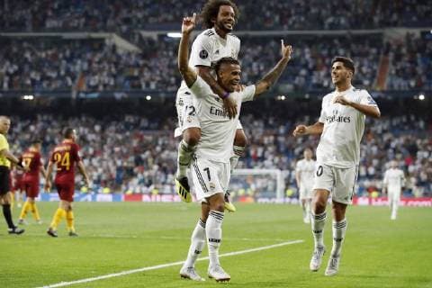 (L-R) Marcelo of Real Madrid, Mariano Diaz of Real Madrid, Marco Asensio of Real Madrid during the UEFA Champions League group G match between Real Madrid and AS Roma at the Santiago Bernabeu stadium on September 19, 2018 in Madrid, Spain UEFA Champions League 2018 2019 xVIxVIxImagesx xMauricexvanxSteenxIVx 12174655
