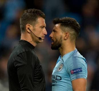 Manchester City v Olympique Lyonnais UEFA Champions League Sergio Aguero of Manchester City (right) squares up to the referee s assistant during the UEFA Champions League match at the Etihad Stadium, Manchester Content Not Available For UK Newspapers Copyright: xRussellxHartx FIL-12297-0023