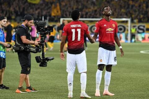 Soccer UEFA Champions League BSC Young Boys Manchester United FC Berne Switzerland 19 09 2018 Football UEFA Champions League Season 2018 2019 BSC Young Boys Manchester United FC Manchester Paul Pogba right celebrates with Anthony Martial the 0 3 victory in Bern