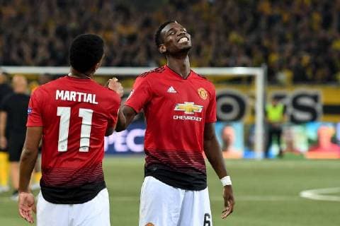 Soccer UEFA Champions League BSC Young Boys Manchester United FC Berne Switzerland 19 09 2018 Football UEFA Champions League Season 2018 2019 BSC Young Boys Manchester United FC Manchester Paul Pogba right celebrates with Anthony Martial the 0 3 victory in Bern