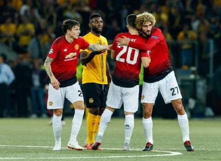 Bern Switzerland 19 09 2018 UEFA Champions League 2018 19 Season Preliminary Round Group Stage Group H 1 Gameday BSC Young Boys Manchester United Victor Lindeloef MAN Diogo Dalot MAN and Marouane Fellaini MAN final cheering DeFodi048