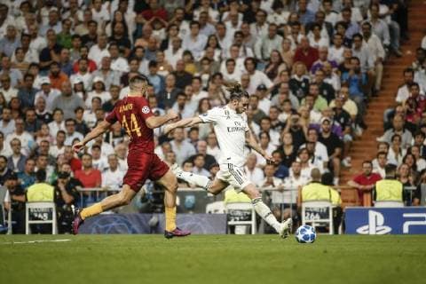 19th September 2018, Santiago Bernabeu, Madrid, Spain; UEFA Champions League football, Real Madrid versus AS Roma; Gareth Bale (Real Madrid) shoots and scores making it 2-0  ActionPlus12063927 ShotxforxPress