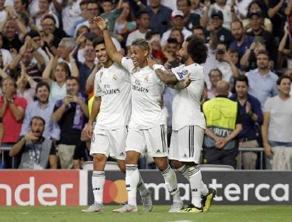 Soccer match between Real Madrid and Rome of the Champions League 2018 2019 held at the Santiago Bernabeu stadium in Madrid Photo Jose Cuesta 261 Cordon Press Real Madrid players celebrate after scoring  xJosexLuisxCuestax xx