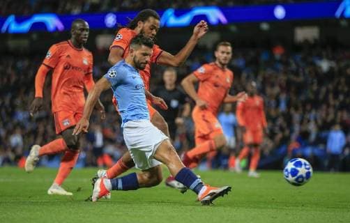 19th September 2018, Etihad Stadium, Manchester, England; UEFA Champions League football, Manchester City versus Lyon; Sergio Aguero of Manchester City has a shot on goal  ActionPlus12063957 ConorxMolloy
