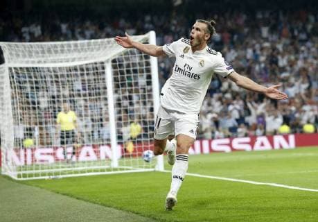 Partido de Liga de Campeones entre el Real Madrid y la Roma en el Bernabeu. En la imagen, Bale celebra su gol. Champions League match between Real Madrid and Roma. In this picture, Bale celebrates his goal. 