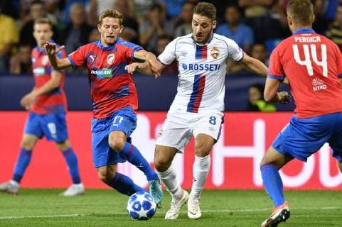L-R Patrik Hrosovsky of Viktoria, Nikola Vlasic of CSKA and Ludek Pernica of Viktoria in action during the 1st round, Group G, Champions League match FC Viktoria Plzen vs CSKA Moscow in Pilsen, Czech Republic, on September 19, 2018. (CTKxPhoto MichalxKamaryt) CTKPhotoP201809191007401  _KMT0374
