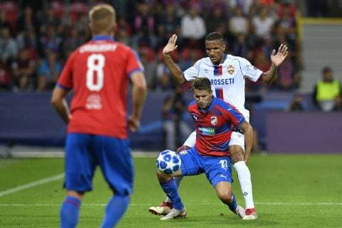 L-R David Limbersky and Jan Kovarik of Viktoria and Rodrigo Becao of CSKA in action during the 1st round, Group G, Champions League match FC Viktoria Plzen vs CSKA Moscow in Pilsen, Czech Republic, on September 19, 2018. (CTKxPhoto MichalxKamaryt) CTKPhotoP201809191016701  _KMT0437