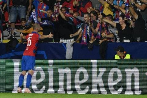 Michael Krmencik of Viktoria with fans celebrate the first goal in the 1st round, Group G, Champions League match FC Viktoria Plzen vs CSKA Moscow in Pilsen, Czech Republic, on September 19, 2018. (CTKxPhoto MichalxKamaryt) CTKPhotoP201809191039301  _KMT0533