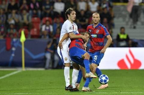 L-R Mario Fernandes of CSKA and Jan Kovarik and Michael Krmencik of Viktoria in action during the 1st round, Group G, Champions League match FC Viktoria Plzen vs CSKA Moscow in Pilsen, Czech Republic, on September 19, 2018. (CTKxPhoto MichalxKamaryt) CTKPhotoP201809191047001  _KMT0563