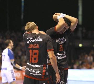 Photo Disappointment at Magnus Joendal left Flensburg and Rasmus Lauge handball men 1 Bundesliga on Wed 19 09 2018 Flensburg HC Zagreb