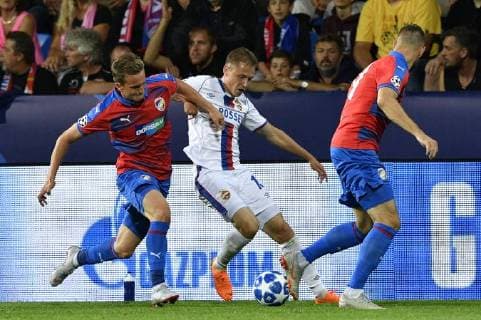 L-R Jan Kopic of Viktoria and Dmitri Efremov of CSKA fight for the ball during the 1st round, Group G, Champions League match FC Viktoria Plzen vs CSKA Moscow in Pilsen, Czech Republic, on September 19, 2018. (CTKxPhoto MichalxKamaryt) CTKPhotoP201809191155201  _KMT0414