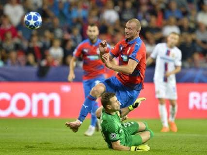 Michael Krmencik of Viktoria scores the first goal against goalkeeper Igor Akinfeev in the 1st round, Group G, Champions League match FC Viktoria Plzen vs CSKA Moscow in Pilsen, Czech Republic, on September 19, 2018. (CTKxPhoto MiroslavxChaloupka) CTKPhotoP201809191031701  _CHA4907